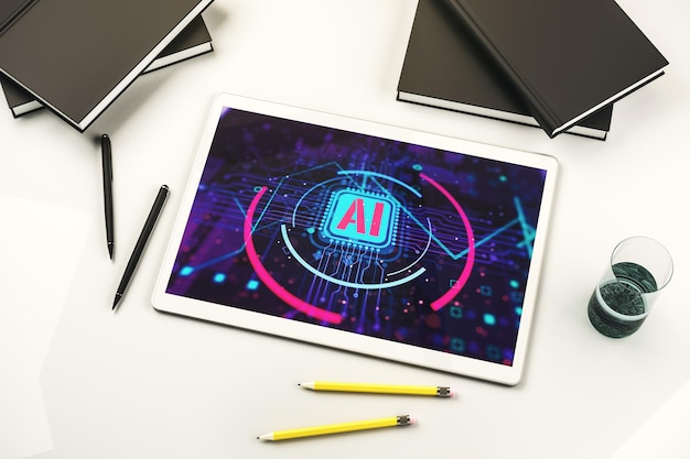 Top view of a modern digital tablet displaying the abbreviation 'AI' for artificial intelligence, with a futuristic design highlighting technology concepts in 3D rendering.