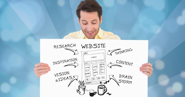 Um Empresário Vestindo Um Terno Segurando Um Cartaz Que Exibe Um Plano De Site, Simbolizando Estratégia Digital E Planejamento.