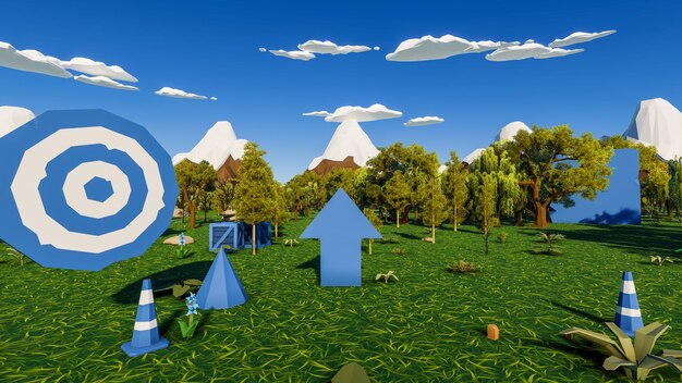 Um fundo renderizado em 3D com baixo polígono, apresentando uma paisagem simulada com colinas estilizadas e um céu claro, adequado para uso em projetos de design.