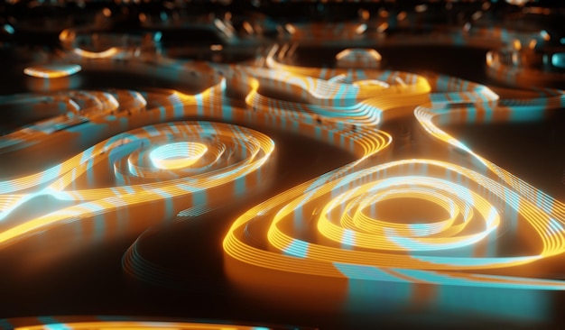 Um fundo abstrato apresentando uma onda de partículas futuristas iluminadas por luzes neon, criando um efeito de realidade virtual com linhas brilhantes e amplo espaço para texto.