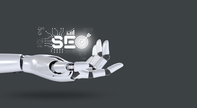 Um robô de IA futurista com interfaces digitais e telas, projetado como um assistente de negócios para tarefas de SEO, situado em um fundo de escritório moderno.