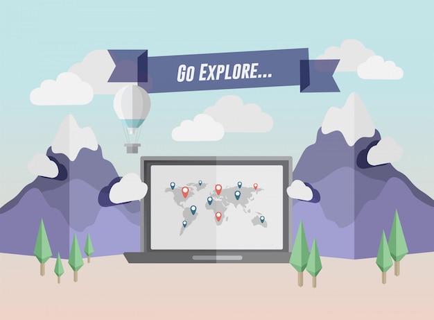 Um banner que diz 'Vá Explorar' exibido acima de um laptop colocado sobre uma pedra, com uma paisagem montanhosa cênica ao fundo.