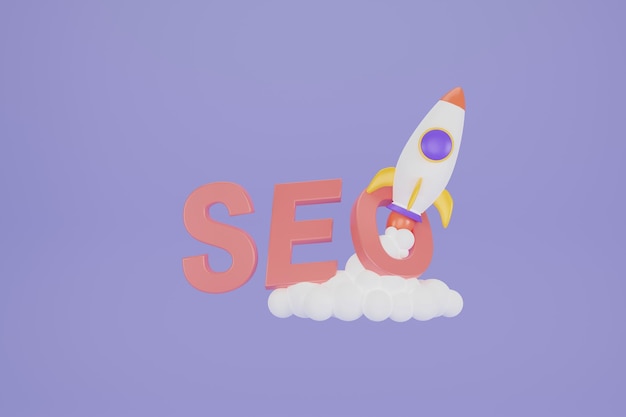 Uma renderização 3D de um foguete simbolizando a otimização de SEO, cercado por ícones que representam estratégias de marketing, redes sociais e análise da web.
