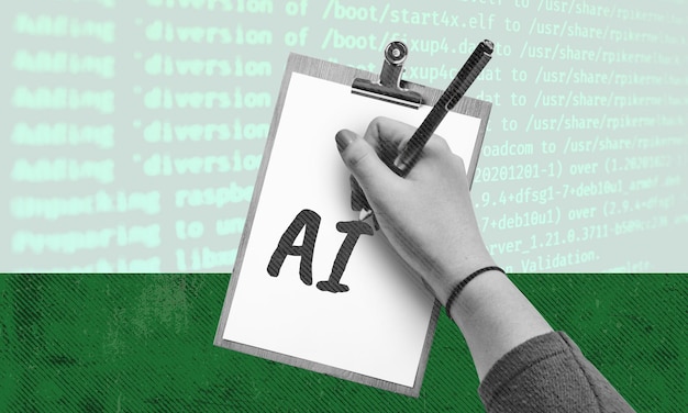 Uma peça de arte em colagem retratando vários elementos da escrita com IA, incluindo tecnologia de Deep Learning, legendas de e-mail e ensaios, ilustrando o conceito da IA como uma ferramenta de escrita.