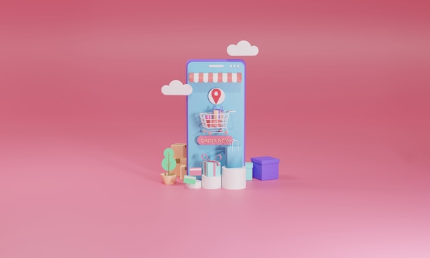 Renderização 3D de um smartphone exibindo um aplicativo de compras online com vários ícones de produtos e um carrinho de compras.