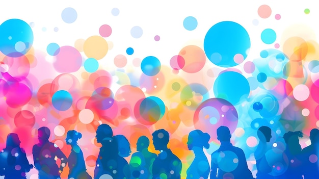 Uma Silhueta Vibrante de uma Multidão com Bolhas de Pensamento Coloridas Conectadas por Linhas, Simbolizando uma Rede de Comunicação Telepática.