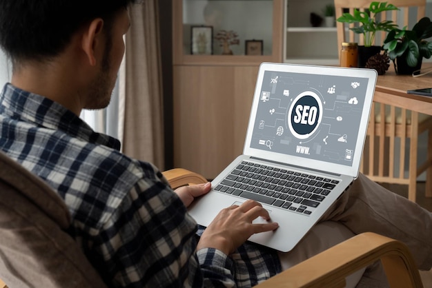 Uma Ilustração Moderna de Conceito de Marketing Digital Apresentando Símbolos e Ícones de SEO, Representando a Otimização para Motores de Busca para Empresas de Comércio Eletrônico e Varejo Online.