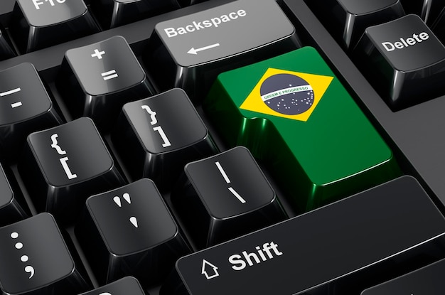 Uma renderização 3D de um teclado de computador com design da bandeira do Brasil, simbolizando educação e compras online no Brasil.
