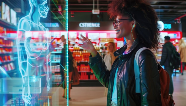 Duas mulheres fazendo compras em uma loja de varejo moderna com uma interface digital de alta tecnologia e elementos de design futurista.