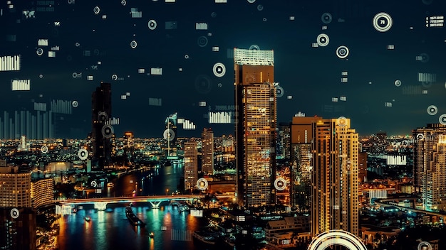 Uma Interface de Análise de Dados Empresariais Futurista sobre uma Cidade Inteligente, apresentando Gráficos Digitais e Métricas que indicam o Desenvolvimento Urbano e os Avanços Tecnológicos.