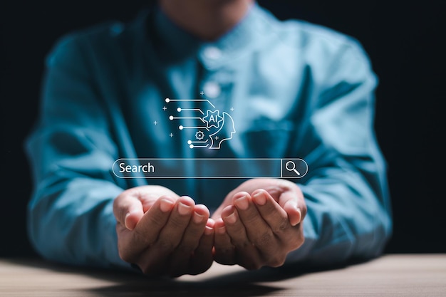 Um empresário em um terno interagindo com uma interface digital de busca de IA, simbolizando a otimização da busca de dados através da tecnologia de inteligência artificial.
